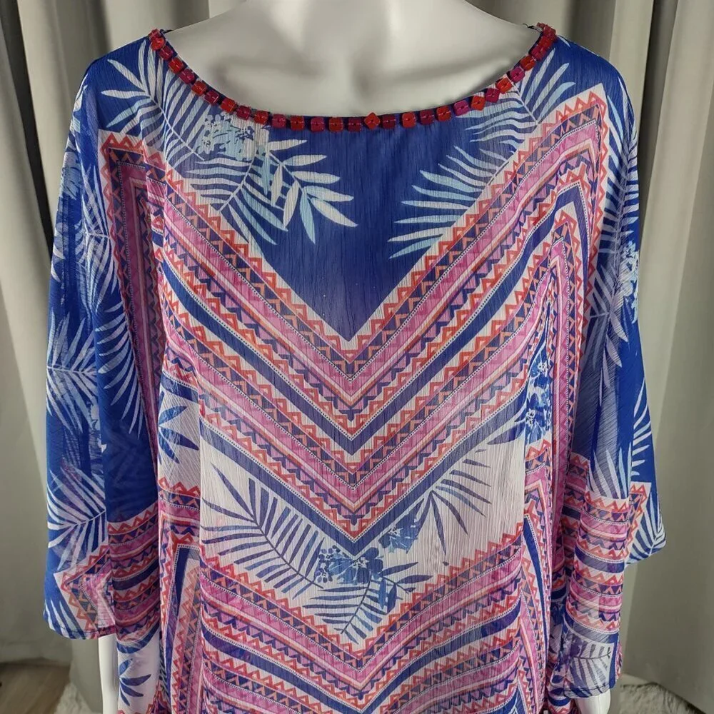 Ruby Rd Women's Blue, Pink, Tropical Chevon Chiffon Poncho Blouse, Top Size 2X - Picture 3 of 10
